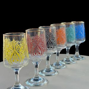 Set of 6 Colorful Vintage Liquor Glasses with Gold Rim and Enamel Detail