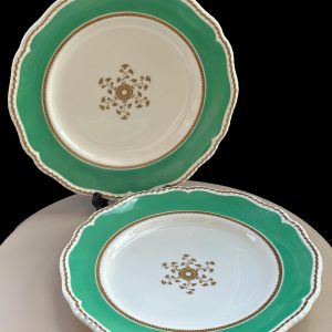 Set of 2 Vintage English Porcelain Plates with Emerald Green and Gold Gilt Trim