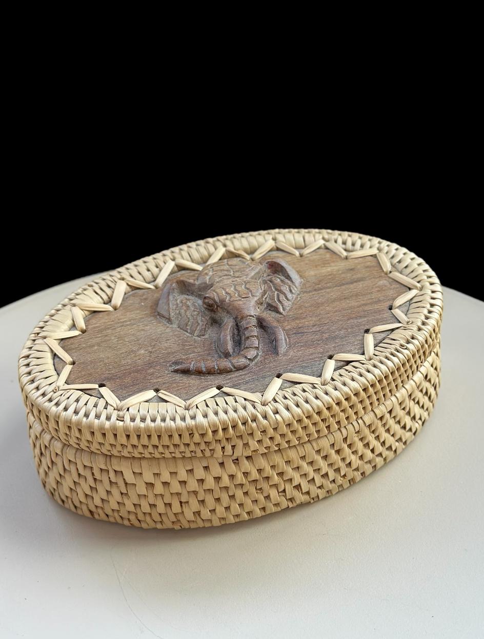 Hand Made Indonesian Lombok Wicker Rattan Box With Carved Wooden Elephant