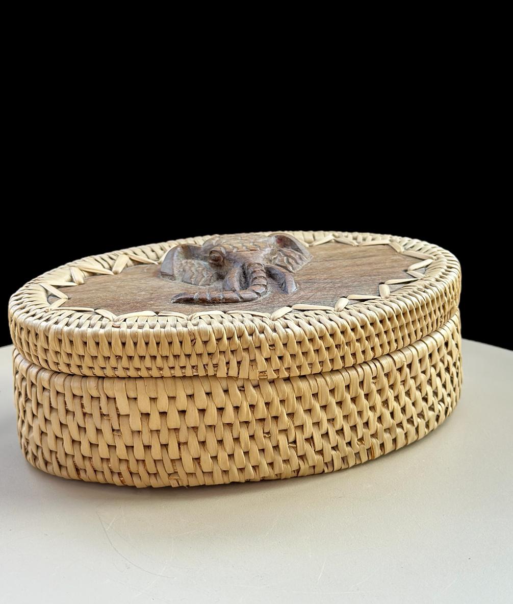 Hand Made Indonesian Lombok Wicker Rattan Box With Carved Wooden Elephant - Image 3