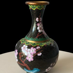 Vintage Black Enamel Cloisonné Bud Vase With Pink Blossom