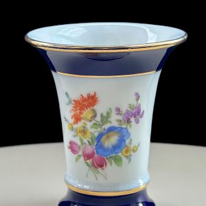 Vintage MEISSEN Porcelain Trumpet Vase - Cobalt Blue & Gold Trim - Polychrome Floral Bouquet