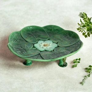 Antique Green Majolica Ceramic Lily Pad Plate with Stork Feet Iridescent Glaze