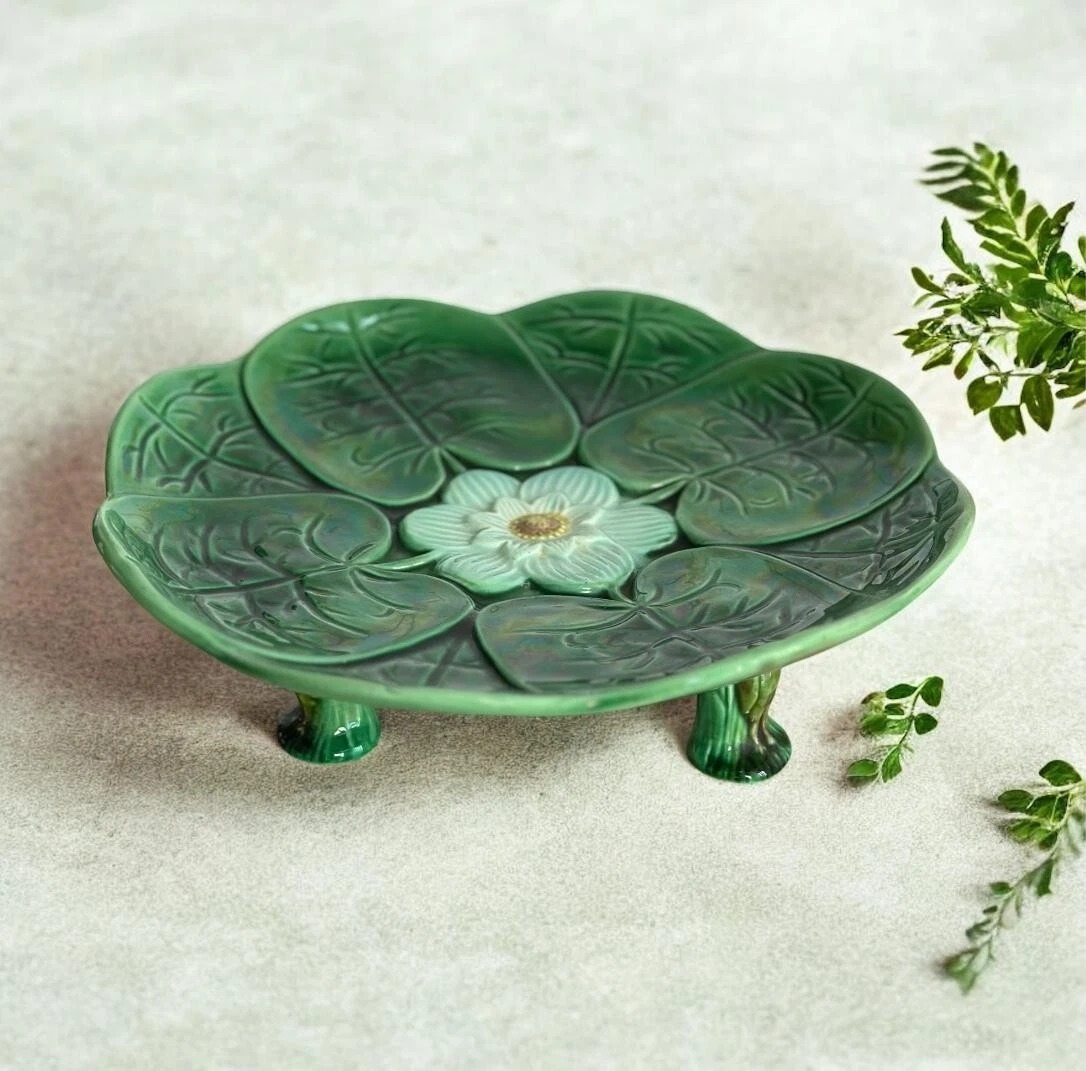 Antique Green Majolica Ceramic Lily Pad Plate with Stork Feet Iridescent Glaze