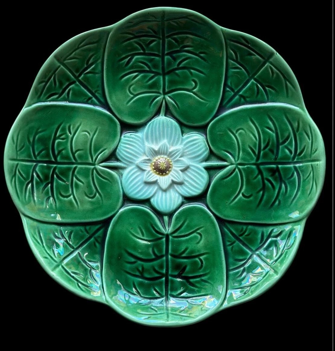 Antique Green Majolica Ceramic Lily Pad Plate with Stork Feet Iridescent Glaze - Image 2