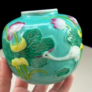 Turquoise Crane & Lotus Chinese Ginger Jar / Vase