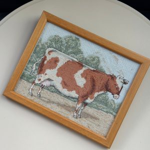 Vintage Handmade Cross Stitch / Needlepoint Picture - Brown and White Cow