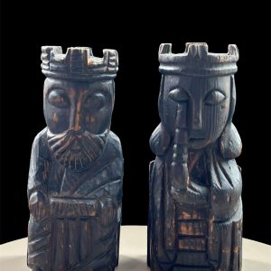 Vintage Hand-Carved Wooden King and Queen Bookends Medieval Chess Style Folk Art