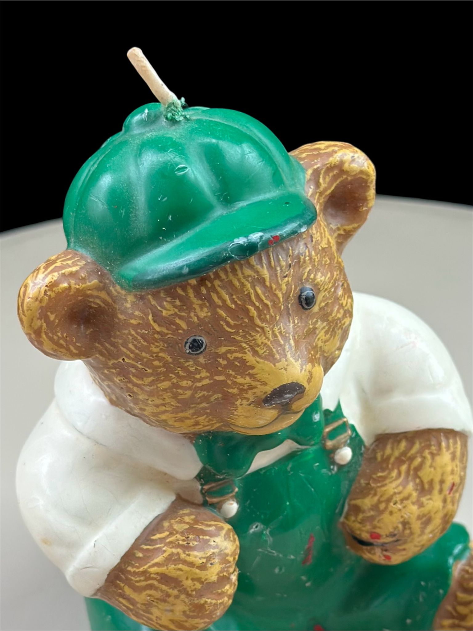 Vintage Wax Bear Unused Candle Teddy Bear Sitting Green Pants Hat 14cm tall - Image 5