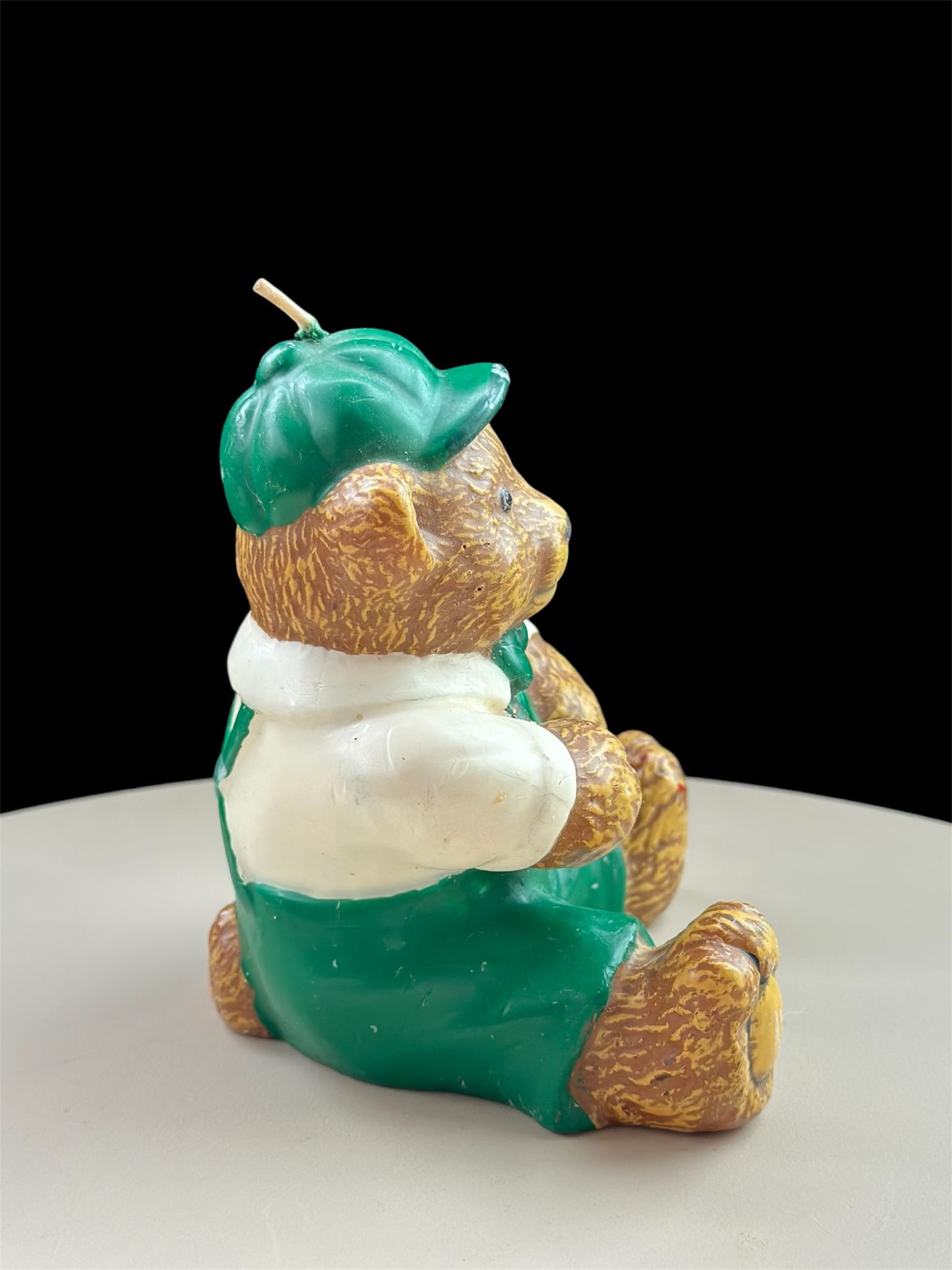 Vintage Wax Bear Unused Candle Teddy Bear Sitting Green Pants Hat 14cm tall - Image 4