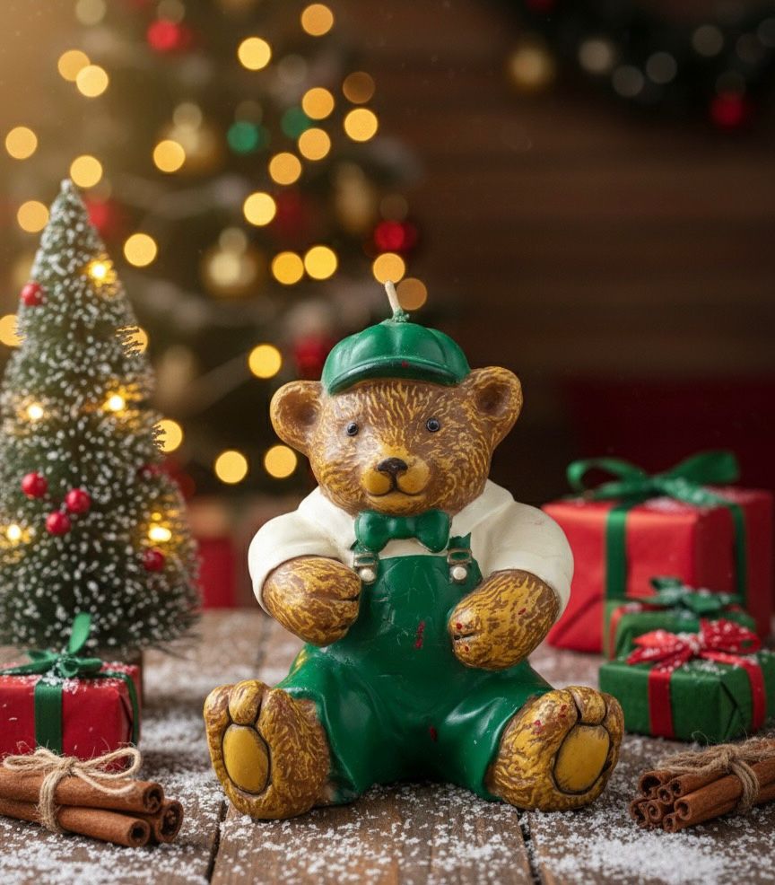 Vintage Wax Bear Unused Candle Teddy Bear Sitting Green Pants Hat 14cm tall - Image 6