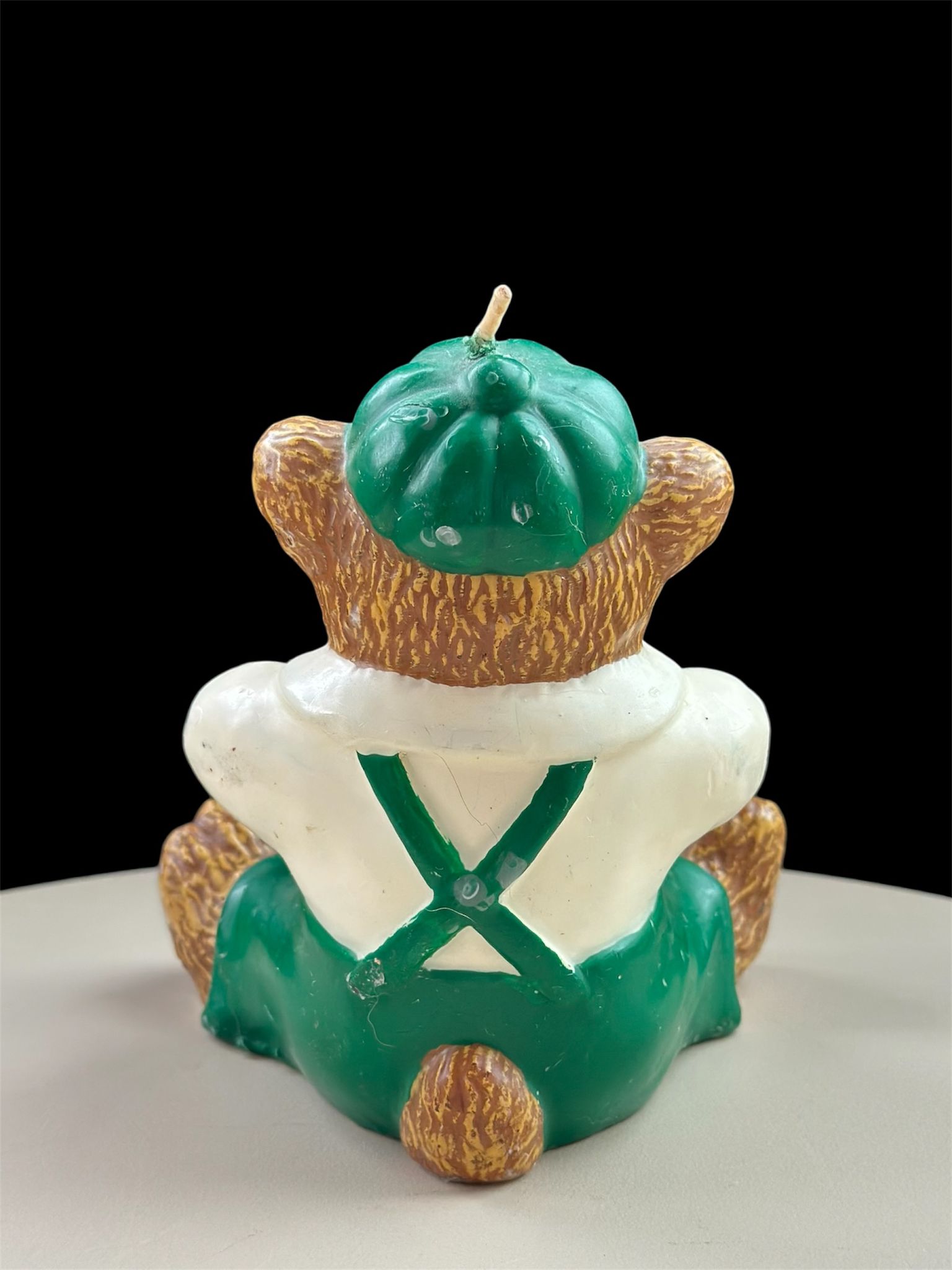 Vintage Wax Bear Unused Candle Teddy Bear Sitting Green Pants Hat 14cm tall - Image 3