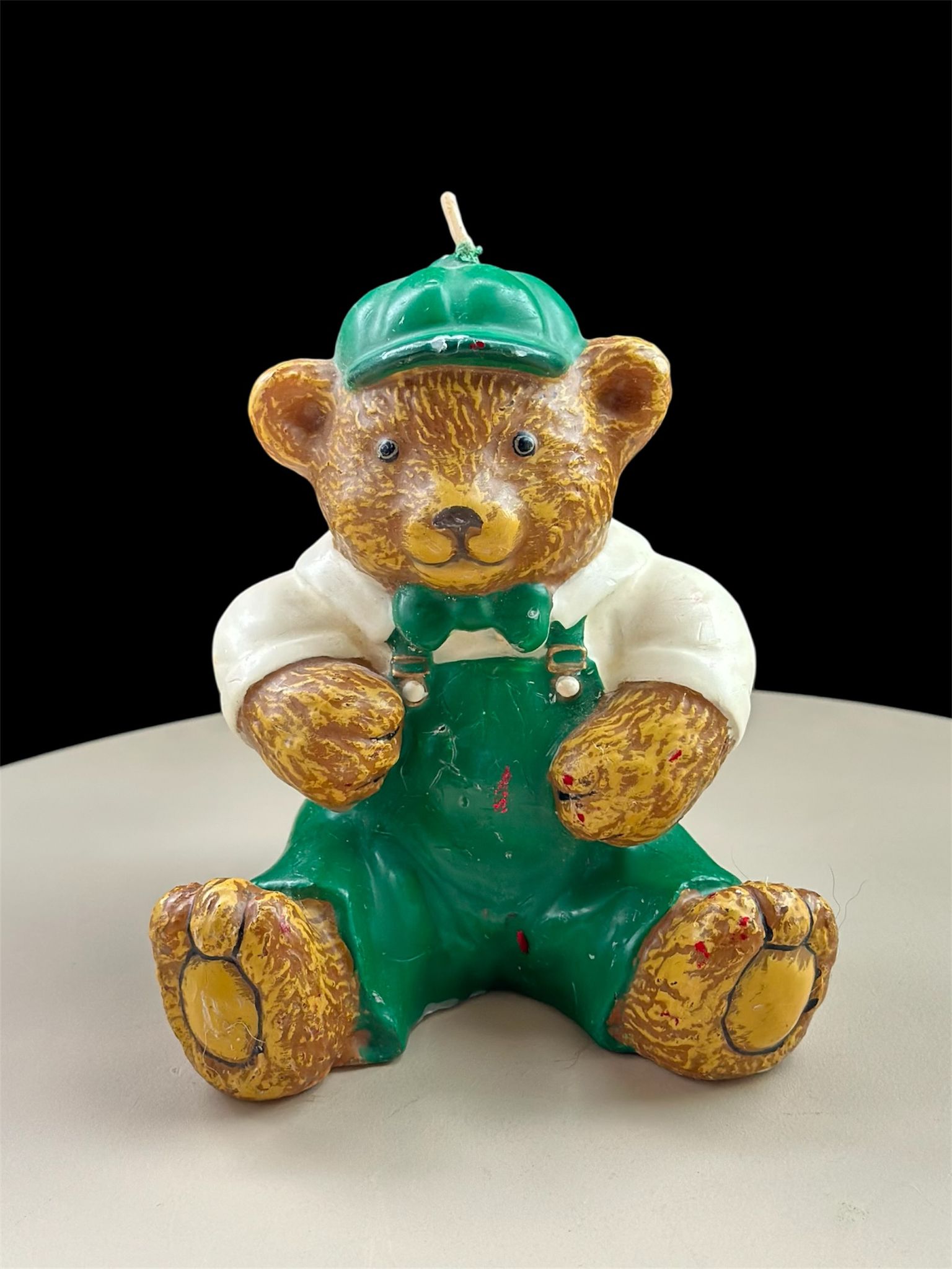 Vintage Wax Bear Unused Candle Teddy Bear Sitting Green Pants Hat 14cm tall