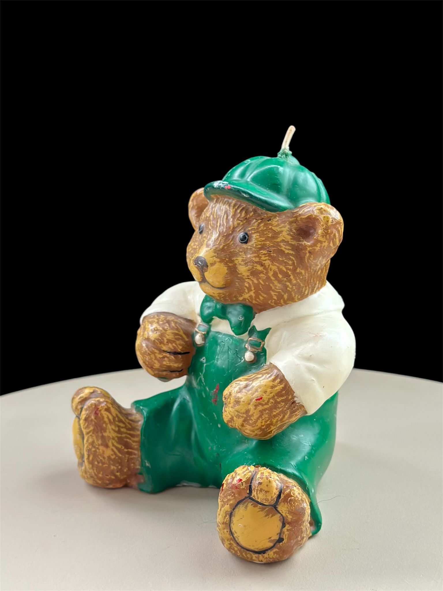 Vintage Wax Bear Unused Candle Teddy Bear Sitting Green Pants Hat 14cm tall - Image 2