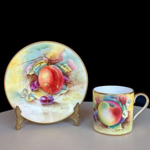 Minton Hand Painted Fruit Cup & Saucer Signed J. Woby / M. Wood Apricots & PLum