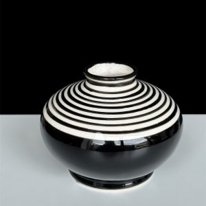 Vintage Modernist Black & White Striped Ceramic Vase - 15cm Hand Painted Glazed